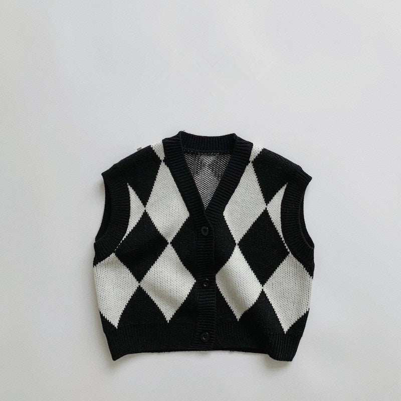 V-neck Pullover Black With White Plaid Vest For Boys And Girls