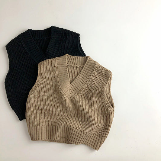 Gilet tricoté polyvalent à col en v de couleur unie pour tout-petit garçon et fille VT007