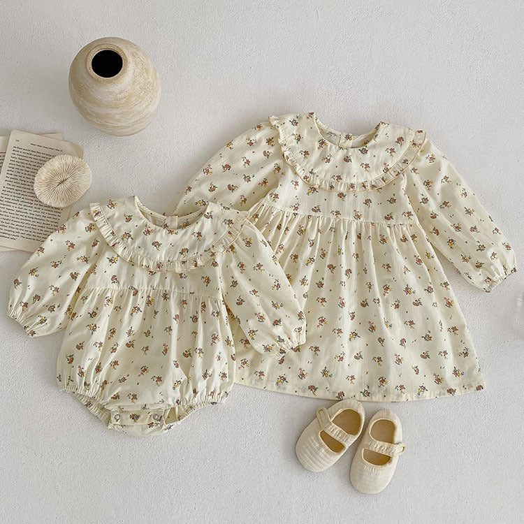 Sister Clothing Infant Floral Puff Sleeve Romper Girls Lace Collar Princess Dress