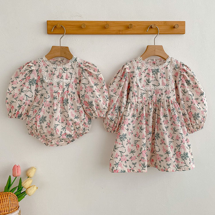 Vêtements assortis pour sœurs, barboteuse florale pour petites filles, robe de princesse à col de poupée