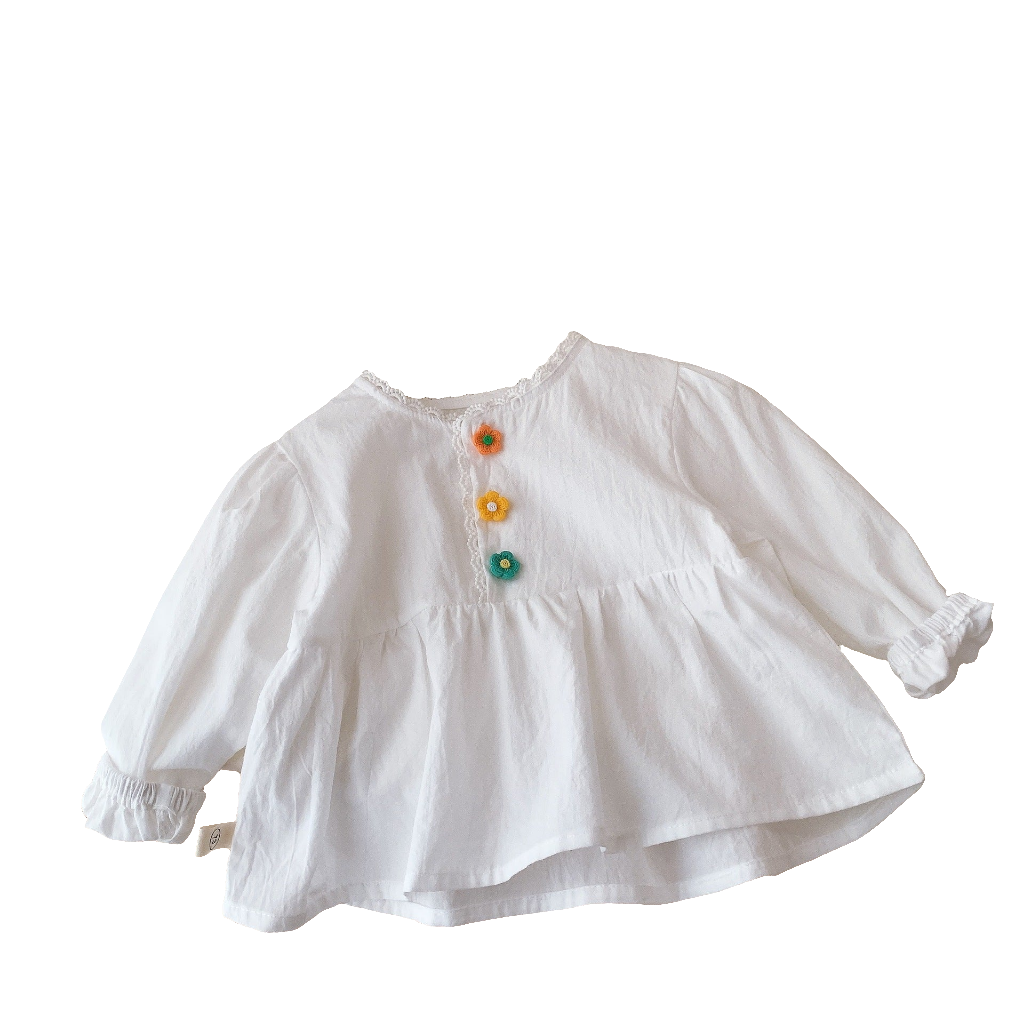 Girls White Colorful Flower Button Shirt