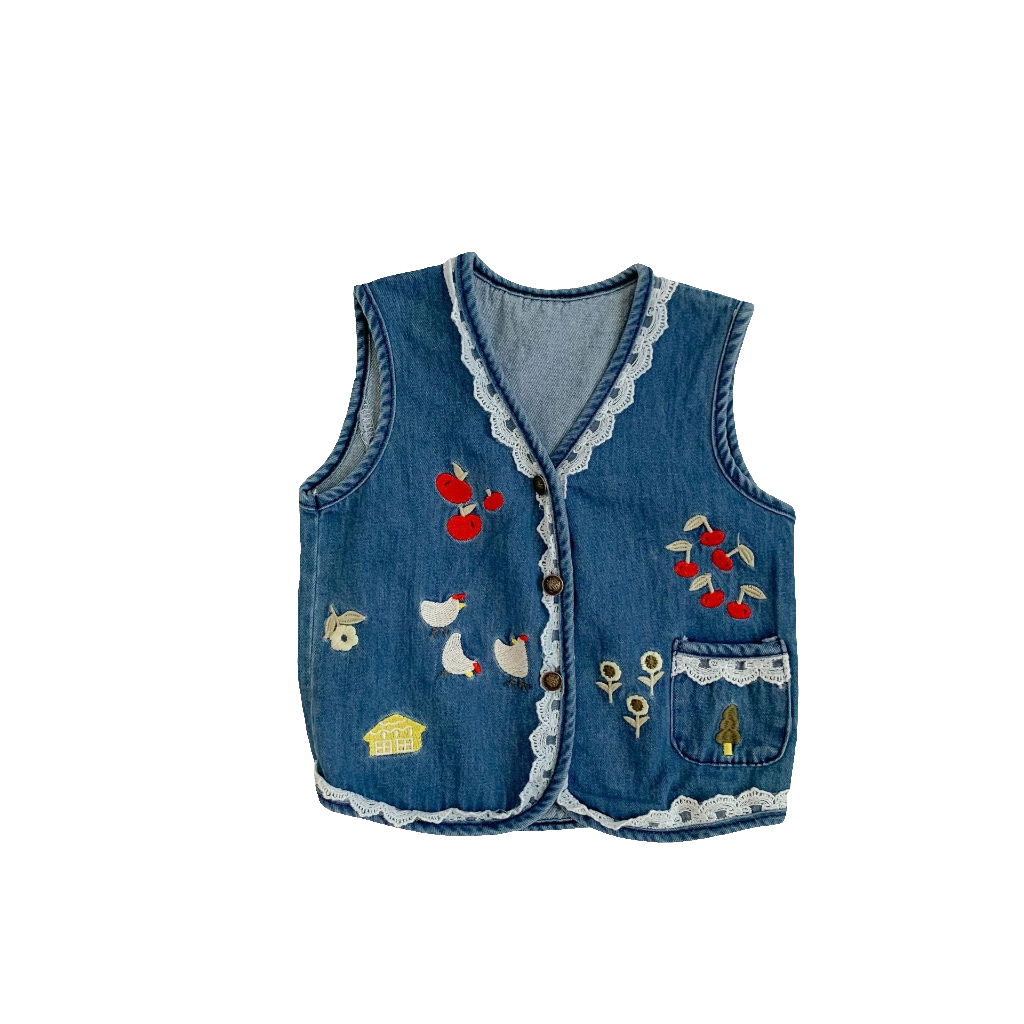 Gilet en denim rétro brodé pour filles, haut assorti avec tout