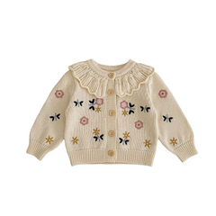 Veste Cardigan tricotée à col en feuille de Lotus brodée de fleurs polyvalentes pour filles, printemps et automne