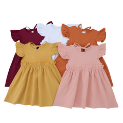 Ruffle Fly Sleeve Cotton Linen  Kids Dress Daily Wear Girls Dresses