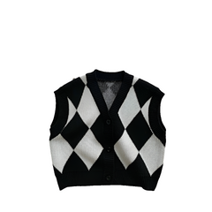 V-neck Pullover Black With White Plaid Vest For Boys And Girls