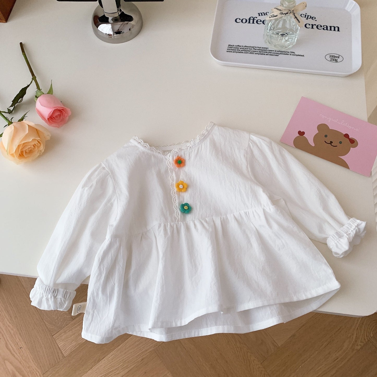 Girls White Colorful Flower Button Shirt