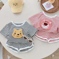 Boys Girls Cartoon Stripes Summer Sports Shorts Set