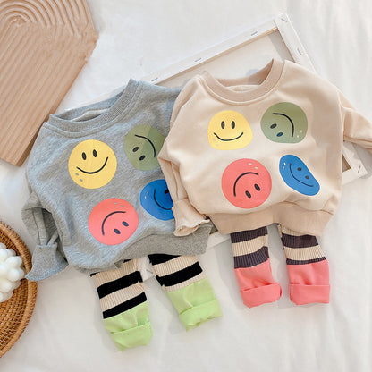 Boys and Girls Smiley Tops Contrasting Color Striped Pants