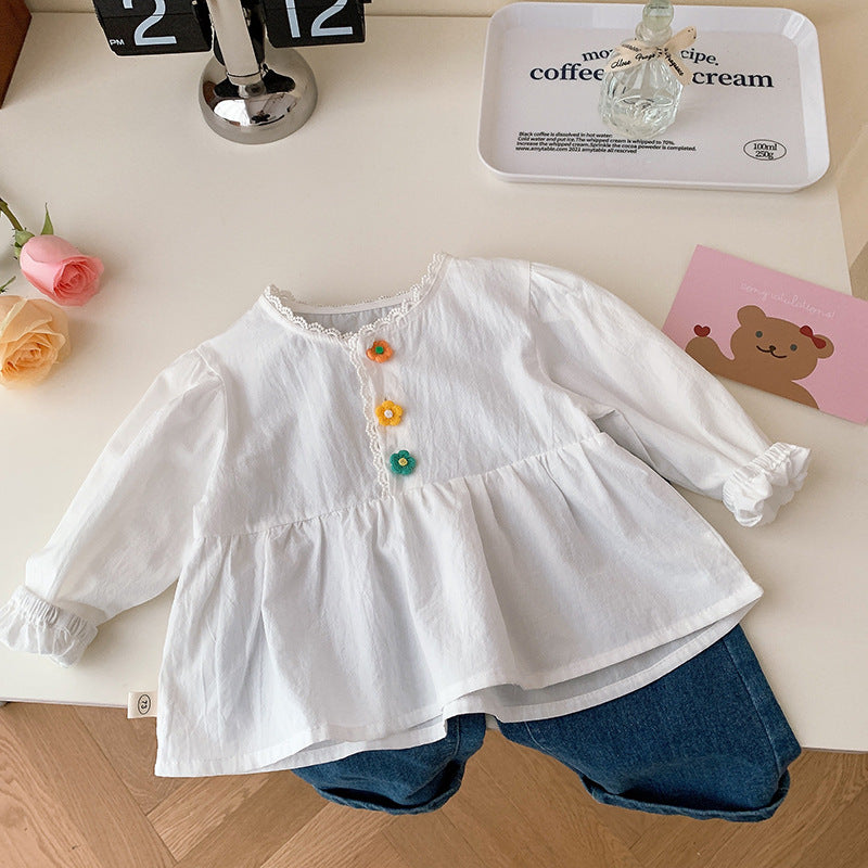 Chemise blanche boutonnée à fleurs colorées pour fille