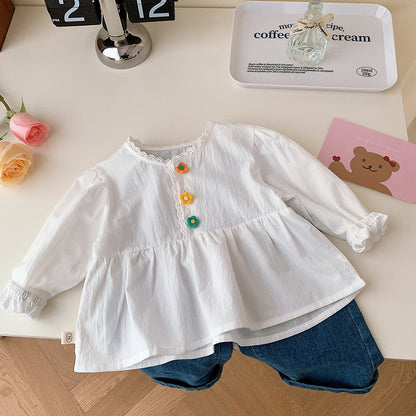 Girls White Colorful Flower Button Shirt