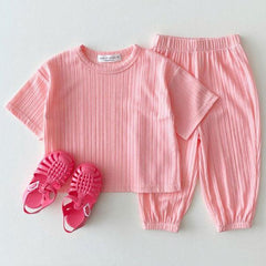 Girls pink sportswear T-shirt trousers 2 piece sets